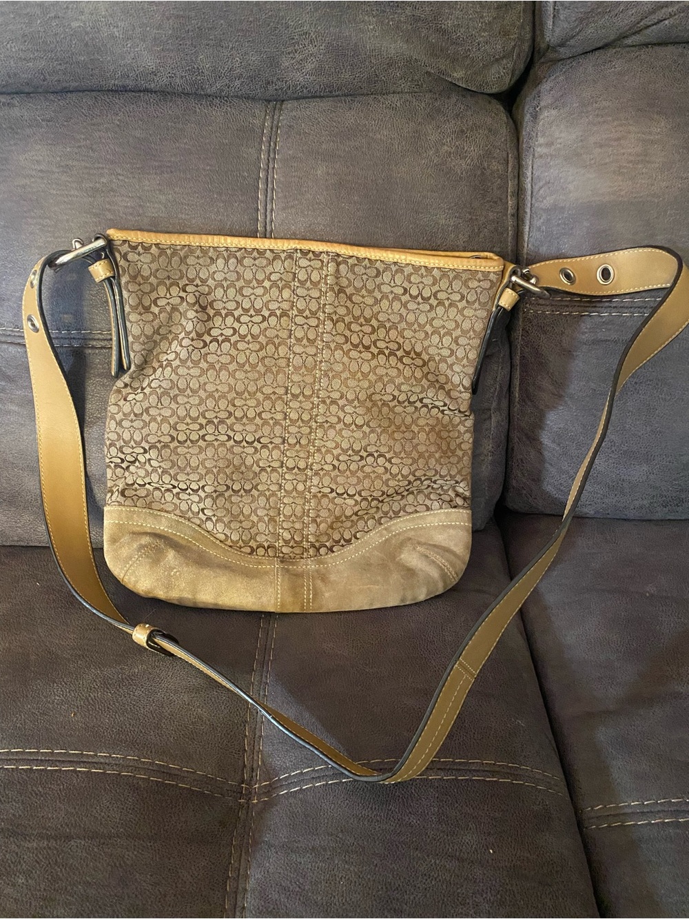 Coach Brown Signature Canvas Crossbody with Tan Leather Trim
